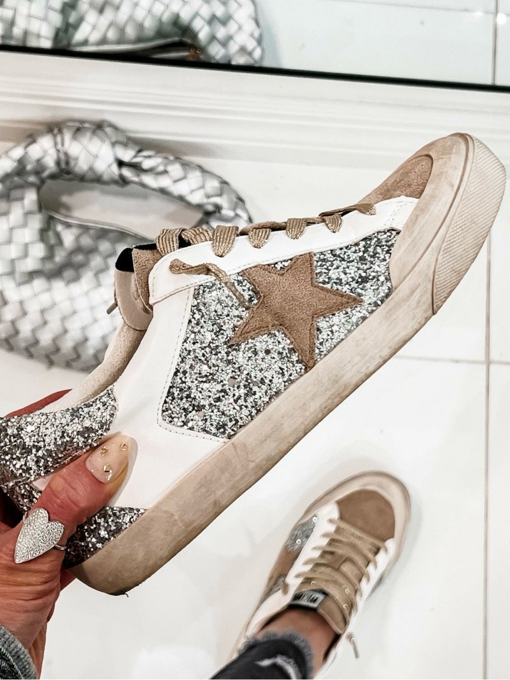 Vintage Silver Glitter and Beige Star Lace-Up Sneakers